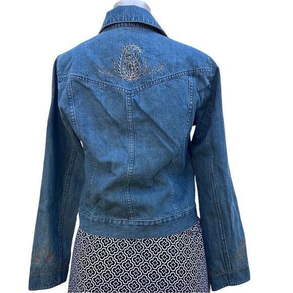 Liz Claiborne Jean Jacket Women's Small Blue Embroidered Paisley Trim Button-up - Picture 7 of 14